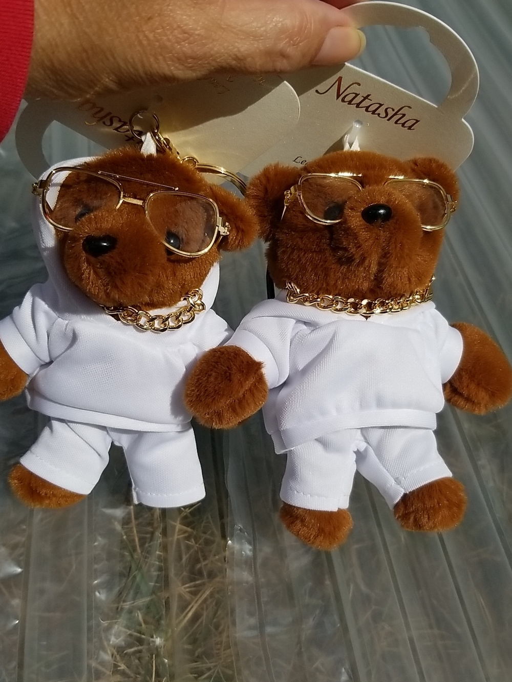 🐻🐻Natasha Couture Brown Teddy Bear Keychain with White Outfit and Gold Accents